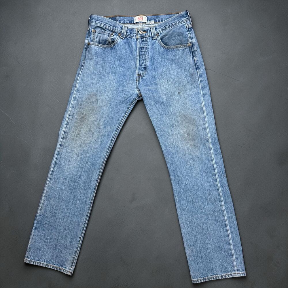 Levi’s 501 Jeans Mens Blue Faded Distressed Discoloration Straight Leg Sz 31/30